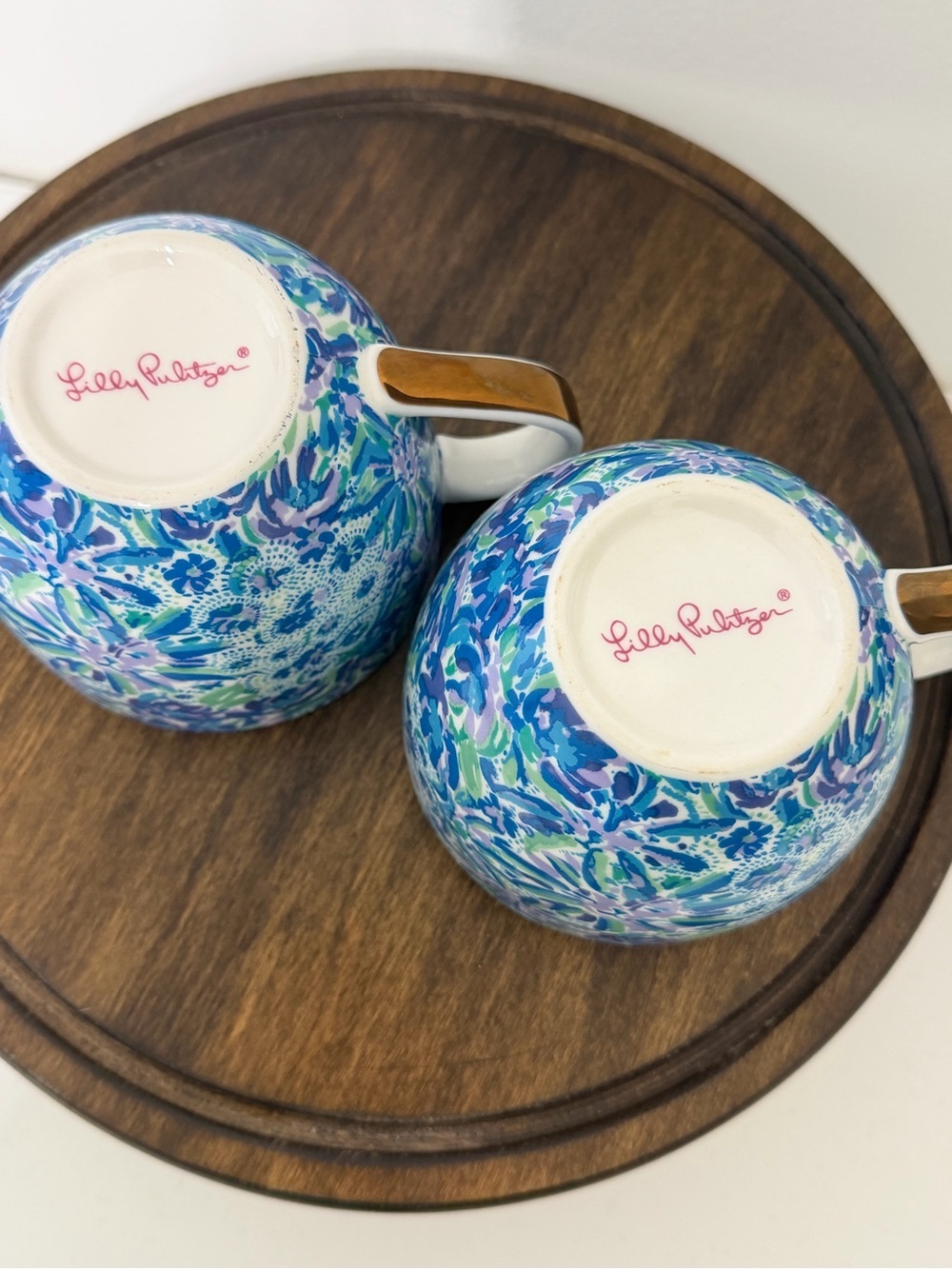 Lilly Pulitzer Ceramic Mug Set of 2 Blue Purple Floral Gold Handle xx Lilly - Picture 8 of 11